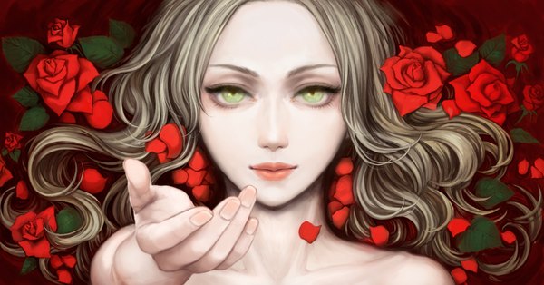 Anime picture 1700x890 with sifuri (artist) long hair blonde hair wide image green eyes lips outstretched arm portrait face girl flower (flowers) petals rose (roses) red rose