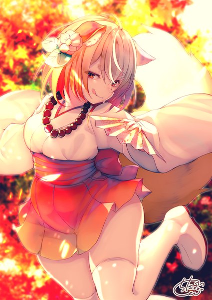 Anime picture 1417x2000 with original chita (ketchup) single tall image looking at viewer fringe short hair light erotic blonde hair red eyes standing signed animal ears tail traditional clothes japanese clothes animal tail hair flower wide sleeves fox ears