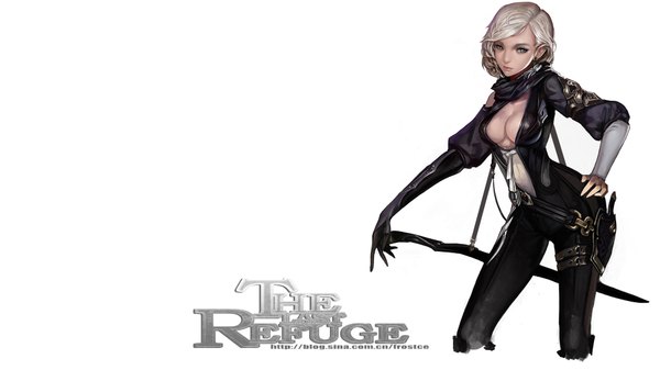 Anime picture 1920x1080 with the last refuge sakusaku (frostce) single highres short hair light erotic simple background wide image white background cleavage pointy ears grey hair grey eyes girl weapon