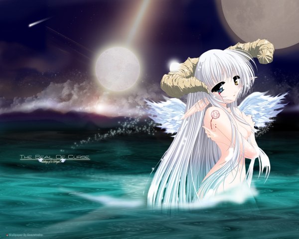 Anime picture 1280x1024 with light erotic horn (horns) tattoo wings water