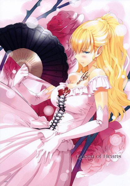 Anime picture 3184x4568 with alice in wonderland queen of hearts ueda ryou single long hair tall image looking at viewer blush highres breasts blue eyes blonde hair large breasts absurdres ponytail text girl gloves ribbon (ribbons) rose (roses)
