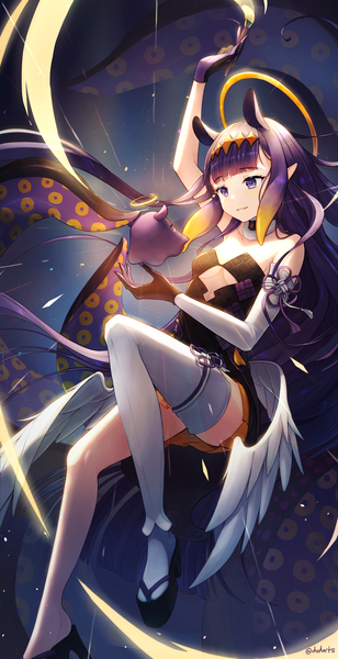 Anime picture 1240x2416 with virtual youtuber hololive hololive english ninomae ina'nis ninomae ina'nis (1st costume) takodachi (ninomae ina'nis) dvdarts single long hair tall image fringe smile purple eyes signed animal ears purple hair blunt bangs arm up pointy ears twitter username