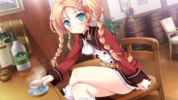 Anime picture 1280x720 with witch's garden hatano ririko ko~cha single long hair blush blue eyes blonde hair wide image twintails green eyes game cg braid (braids) twin braids crossed legs girl uniform school uniform