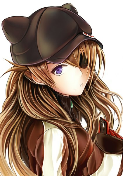 Anime picture 702x1000 with neon genesis evangelion gainax soryu asuka langley shikinami asuka langley nannacy7 single long hair tall image looking at viewer brown hair purple eyes girl jacket eyepatch flat cap