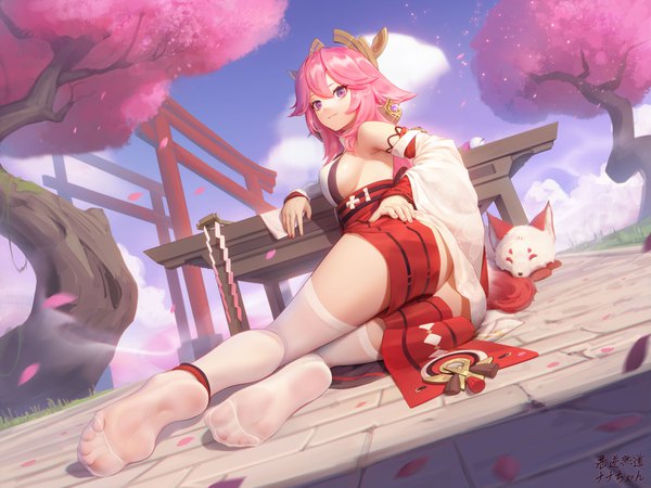 Anime picture 6000x4500 with genshin impact yae miko sarena single long hair looking at viewer fringe highres breasts light erotic smile hair between eyes large breasts sitting purple eyes animal ears pink hair absurdres sky cloud (clouds)