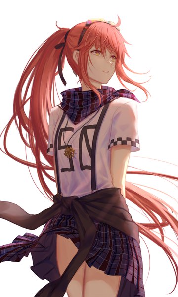 Anime picture 1080x1800 with original xing muhen single tall image fringe simple background hair between eyes standing white background yellow eyes payot looking away ahoge ponytail red hair very long hair parted lips pleated skirt short sleeves floating hair