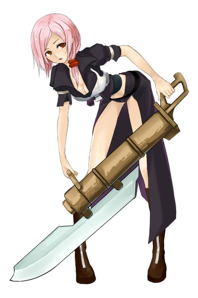 Anime picture 1502x2259 with original mil-yu (artist) single tall image short hair simple background white background brown eyes pink hair mole girl dress weapon boots thigh boots