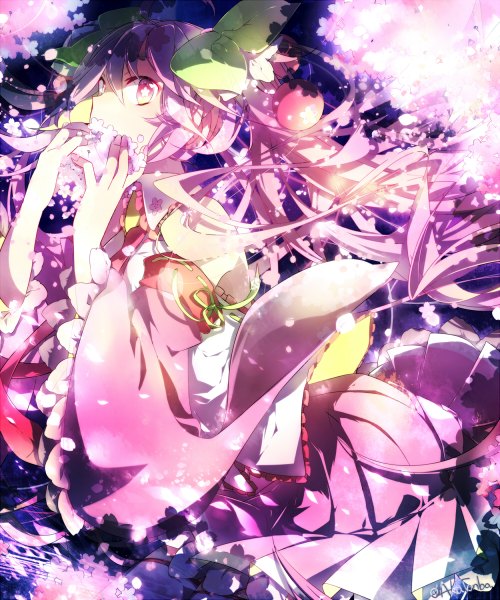Anime picture 1000x1200 with vocaloid hatsune miku sakura miku aka tonbo (lililil) single long hair tall image fringe holding signed pink hair very long hair pink eyes wide sleeves cherry blossoms girl skirt ribbon (ribbons) plant (plants) detached sleeves