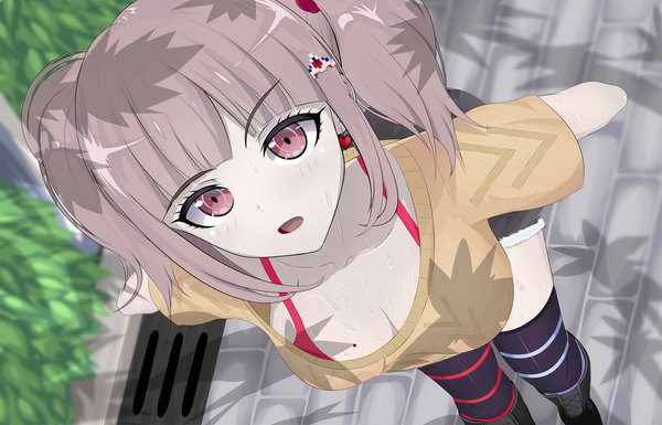 Anime picture 1800x1157 with dangan ronpa super dangan ronpa 2 nanami chiaki nanofarla single looking at viewer blush fringe highres short hair breasts open mouth light erotic red eyes large breasts standing twintails outdoors blunt bangs from above