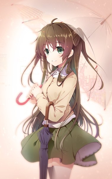 Anime picture 1104x1751 with tokyo 7th sisters tamasaka makoto akahito single long hair tall image looking at viewer blush fringe breasts smile hair between eyes brown hair green eyes payot ahoge parted lips blurry zettai ryouiki girl