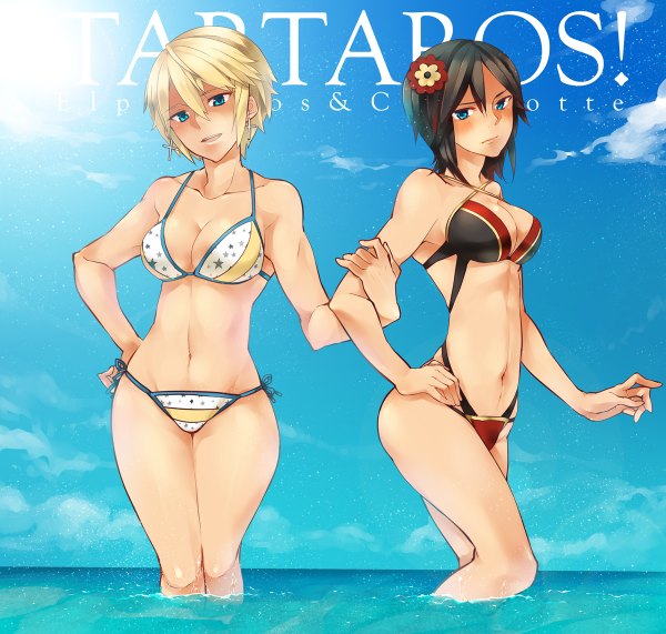 Anime picture 1200x1142 with tartaros online yamaki suzume looking at viewer blush short hair breasts open mouth blue eyes light erotic black hair blonde hair multiple girls sky cloud (clouds) midriff girl navel hair ornament 2 girls swimsuit