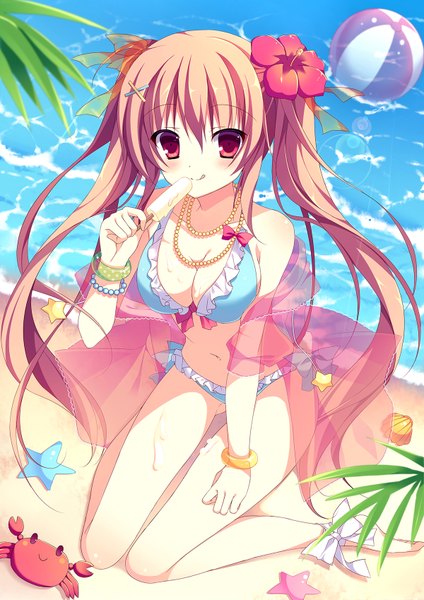 Anime picture 1200x1697 with original cocoa (cafe-hotcocoa) tall image blush breasts light erotic red eyes twintails pink hair very long hair hair flower beach girl navel hair ornament flower (flowers) swimsuit bikini food bracelet