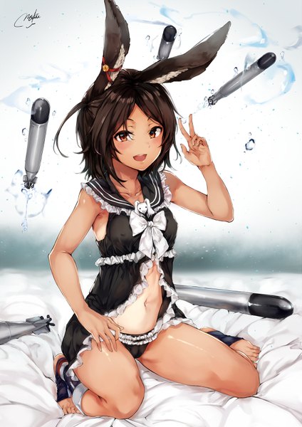 Anime picture 2121x3000 with azur lane i-26 (azur lane) maki (maki pei) single tall image looking at viewer blush fringe highres short hair open mouth light erotic simple background brown hair brown eyes signed animal ears full body :d covered nipples