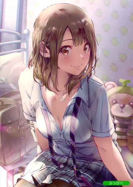 Anime picture 2105x2958 with original melonbooks kappipe (brd0520) single long hair tall image looking at viewer highres breasts light erotic smile brown hair sitting brown eyes cleavage pleated skirt scan plaid skirt open collar plaid
