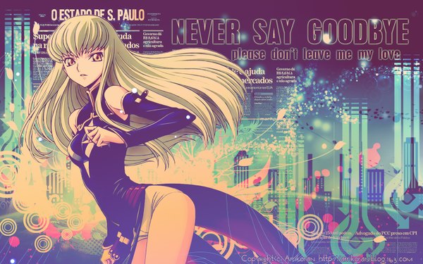 Anime picture 1440x900 with code geass sunrise (studio) c.c. single long hair looking at viewer fringe wide image bare shoulders yellow eyes long sleeves green hair text girl detached sleeves