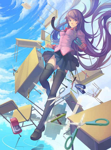 Anime picture 850x1146 with bakemonogatari shaft (studio) monogatari (series) senjougahara hitagi madyy single long hair tall image blush purple eyes looking away sky purple hair cloud (clouds) girl thighhighs uniform black thighhighs school uniform water