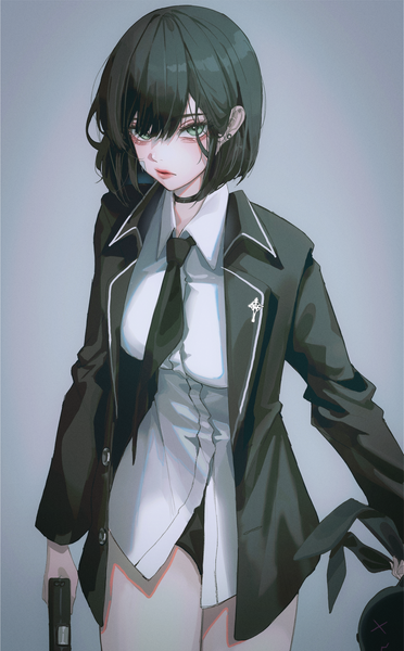 Anime picture 3889x6270 with original domi (hyaku8795) single tall image looking at viewer fringe highres short hair black hair simple background hair between eyes standing holding green eyes absurdres lips grey background open shirt girl shirt