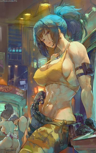 Anime picture 3285x5250 with the king of fighters snk shiranui mai angel (kof) leona heidern cutesexyrobutts long hair tall image looking at viewer fringe highres breasts light erotic black hair large breasts standing sitting multiple girls signed payot