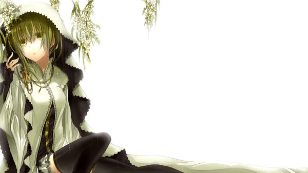 Anime picture 1600x900 with original teigi single long hair simple background wide image white background green eyes green hair girl thighhighs black thighhighs plant (plants)