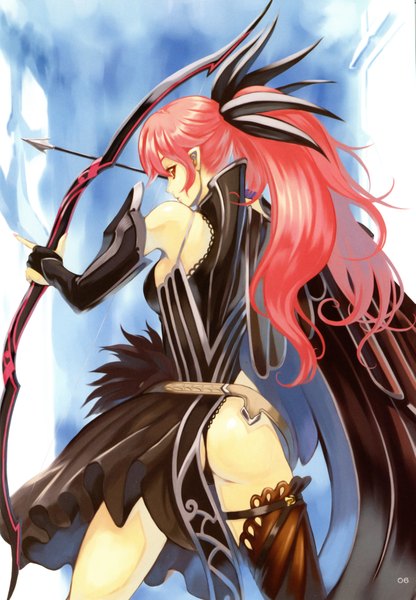 Anime picture 2777x4004 with eiwa single tall image highres light erotic red eyes bare shoulders ass ponytail red hair nail polish profile from behind girl hair ornament detached sleeves bow (weapon) arrow (arrows)