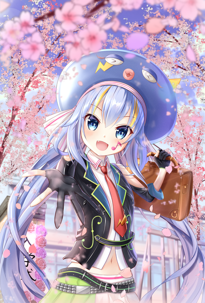 Anime picture 2756x4078 with vocaloid otomachi una regi (r regi) single long hair tall image looking at viewer fringe highres open mouth blue eyes hair between eyes twintails blue hair :d bare belly fang (fangs) cherry blossoms outstretched hand spring