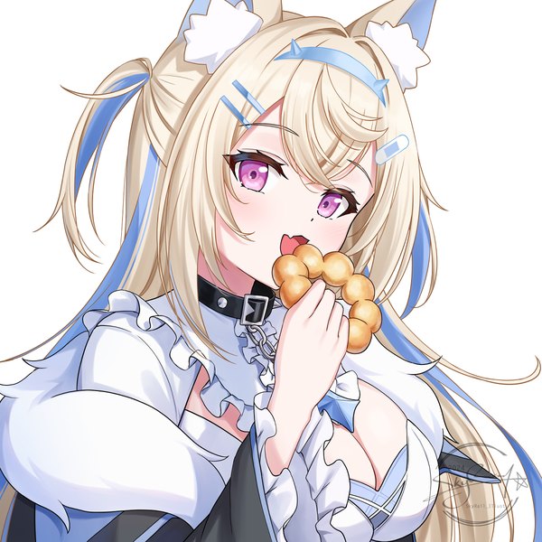 Anime picture 1200x1200 with virtual youtuber hololive hololive english fuwawa abyssgard skyrail (skynetrailgun) single long hair fringe breasts open mouth light erotic simple background blonde hair hair between eyes large breasts white background purple eyes animal ears cleavage upper body