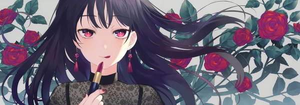 Anime picture 5902x2076 with original achiki single long hair looking at viewer blush fringe highres black hair red eyes wide image holding absurdres upper body nail polish scan floating hair floral print girl flower (flowers)