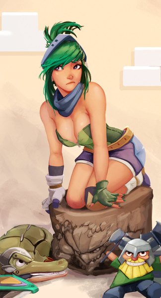 Anime picture 800x1479 with league of legends riven (league of legends) renekton (league of legends) olaf (league of legends) arcade riven malphite (league of legends) carlos eduardo tall image short hair breasts light erotic purple eyes looking away nail polish fingernails green hair sleeveless girl gloves belt