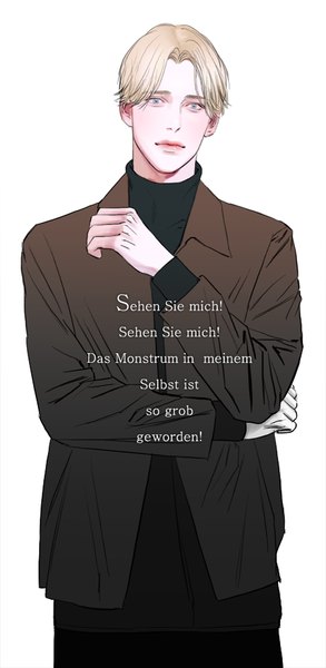 Anime picture 450x921 with monster (manga) johan liebert pixiv id14559853 single tall image looking at viewer short hair blue eyes simple background blonde hair standing white background lips text german boy turtleneck blazer