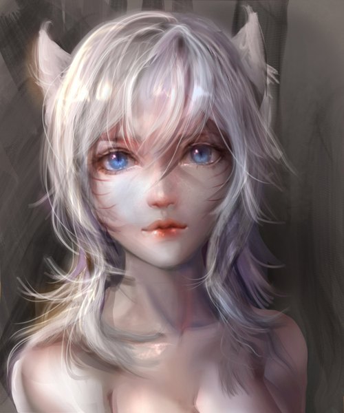 Anime picture 1024x1230 with league of legends ahri (league of legends) sangrde single long hair tall image looking at viewer fringe blue eyes light erotic simple background bare shoulders animal ears silver hair lips realistic grey background fox ears facial mark fox girl