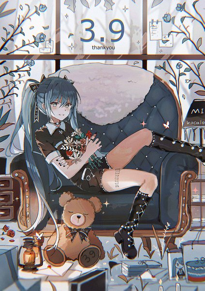Anime picture 900x1272 with vocaloid hatsune miku lococo:p single long hair tall image blush fringe smile hair between eyes twintails blue hair ahoge indoors nail polish character names grin reclining 39 girl