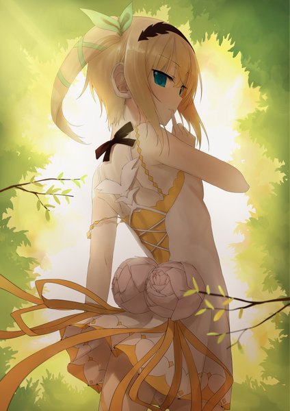 Anime picture 1447x2046 with tales of (series) tales of zestiria edna (tales) akitaka akita single tall image fringe short hair blonde hair standing green eyes outdoors one side up finger to mouth girl dress ribbon (ribbons) plant (plants) hair ribbon tree (trees)