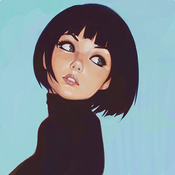 Anime picture 900x900 with original ilya kuvshinov single fringe short hair black hair simple background looking away parted lips head tilt looking back lips realistic grey eyes lipstick portrait blue background eyebrows pink lipstick makeup