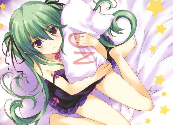 Anime picture 1920x1388 with original qp:flapper long hair highres light erotic bare shoulders yellow eyes cleavage green hair yes-no pillow girl ribbon (ribbons) pillow star (symbol)