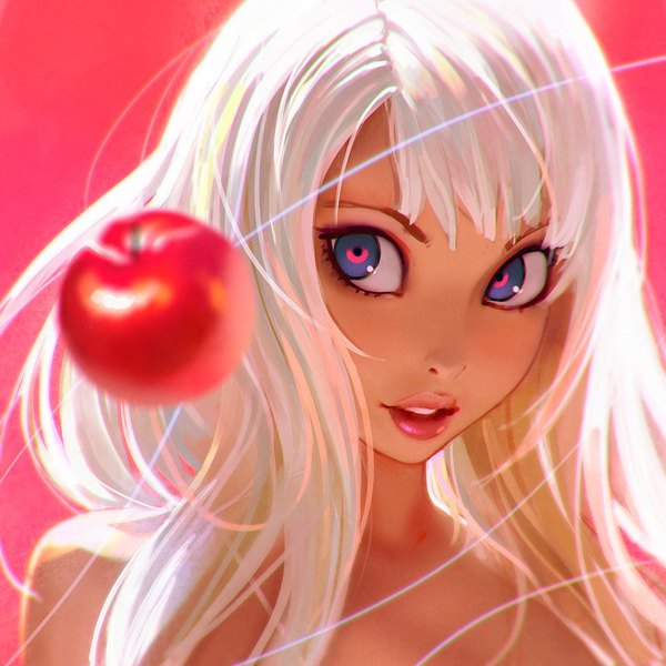 Anime picture 1080x1080 with original ilya kuvshinov single long hair looking at viewer blush fringe blue eyes simple background bare shoulders looking away white hair parted lips lips teeth light close-up pink background eyeshadow multicolored eyes