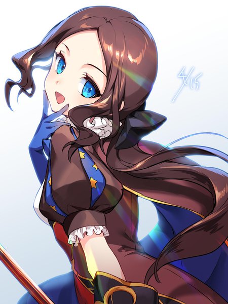 Anime picture 1200x1600 with fate (series) fate/grand order leonardo da vinci (fate) leonardo da vinci (rider) (fate) gomashio ponz single long hair tall image looking at viewer open mouth blue eyes simple background brown hair payot upper body :d puffy sleeves gradient background turning head low ponytail