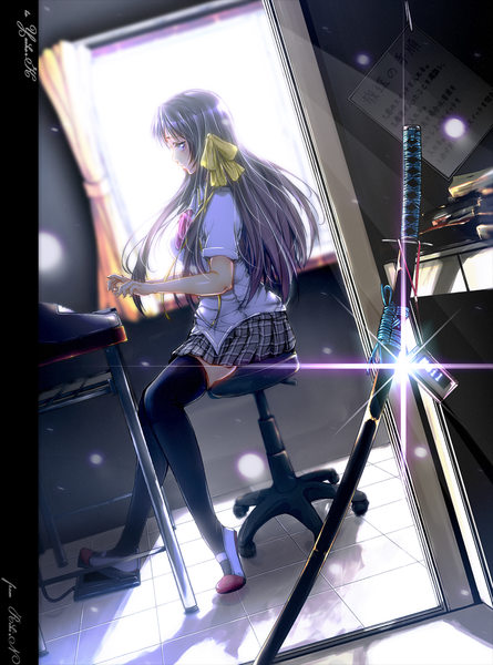 Anime picture 750x1011 with little busters! key (studio) kurugaya yuiko suzuhane suzu single long hair tall image sitting purple hair indoors pleated skirt arms up shadow short sleeves lens flare sheathed girl skirt uniform ribbon (ribbons)