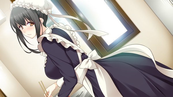 Anime picture 1280x720 with ane yome quartet hanabishi saori ayase hazuki hisashi (nekoman) single looking at viewer blush fringe breasts black hair wide image standing holding indoors maid girl uniform bow window apron