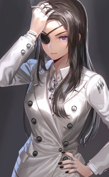 Anime picture 1842x3000 with original kfr single long hair tall image looking at viewer highres blue eyes black hair simple background standing holding long sleeves nail polish parted lips arm up fingernails grey background hand on hip smoke