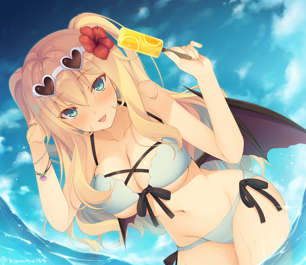 Anime picture 985x855 with original aotsu karin single long hair looking at viewer blush fringe breasts open mouth light erotic blonde hair smile hair between eyes large breasts standing bare shoulders holding signed payot sky