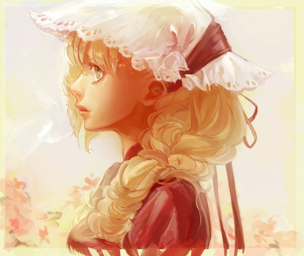 Anime picture 2048x1724 with original si (pixiv) single long hair blush highres open mouth blonde hair green eyes profile portrait curly hair girl dress hair ornament flower (flowers) ribbon (ribbons) red dress
