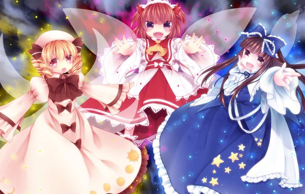 Anime picture 1800x1145 with touhou star sapphire luna child sunny milk mikazuki sara long hair looking at viewer blush highres short hair open mouth blonde hair red eyes brown hair purple eyes multiple girls red hair drill hair girl dress