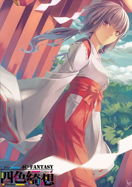 Anime picture 800x1131 with vocaloid yuzuki yukari liuli (llc) single long hair tall image purple eyes twintails signed looking away purple hair traditional clothes japanese clothes wind low twintails girl hair tubes hakama