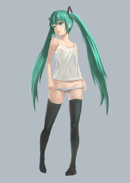 Anime picture 2952x4169 with vocaloid hatsune miku cancer (zjcconan) single long hair tall image fringe highres light erotic simple background standing twintails looking back aqua eyes aqua hair adjusting panties girl thighhighs navel hair ornament
