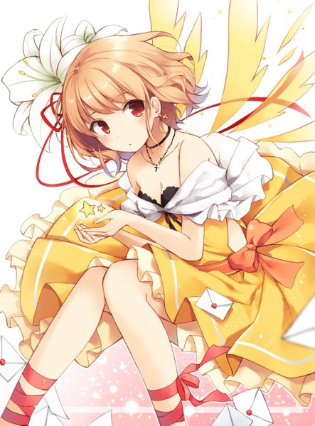 Anime picture 2076x2810 with original yon (letter) single tall image blush fringe highres short hair simple background blonde hair red eyes bare shoulders looking away cleavage hair flower girl dress flower (flowers) earrings wings