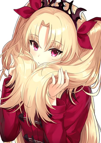 Anime picture 724x1023 with fate (series) fate/grand order ereshkigal (fate) miruto netsuki single long hair tall image looking at viewer blush fringe simple background blonde hair hair between eyes white background twintails upper body pink eyes holding hair girl ribbon (ribbons)