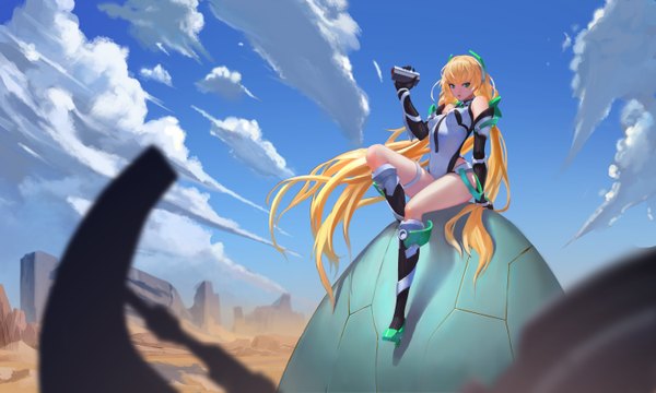Anime picture 5840x3508 with expelled from paradise angela balzac reisun001 single fringe highres open mouth blonde hair wide image sitting twintails bare shoulders green eyes looking away absurdres sky cloud (clouds) bent knee (knees) very long hair low twintails