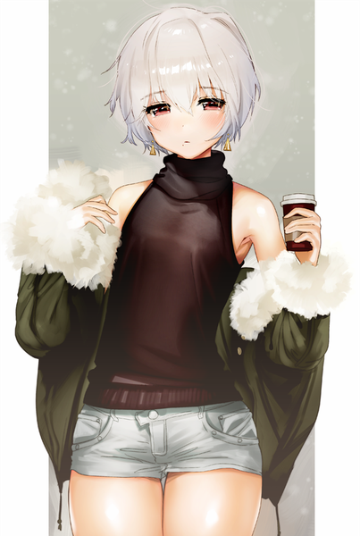 Anime picture 600x893 with original yanyo (ogino atsuki) single tall image looking at viewer blush fringe short hair breasts hair between eyes red eyes standing bare shoulders holding silver hair mole open clothes armpit (armpits) fur trim sleeveless