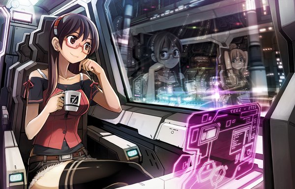 Anime picture 1200x770 with original bail long hair breasts smile brown hair sitting bare shoulders multiple girls zettai ryouiki thighs crossed legs reflection hand on cheek futuristic girl 2 girls earrings glasses belt
