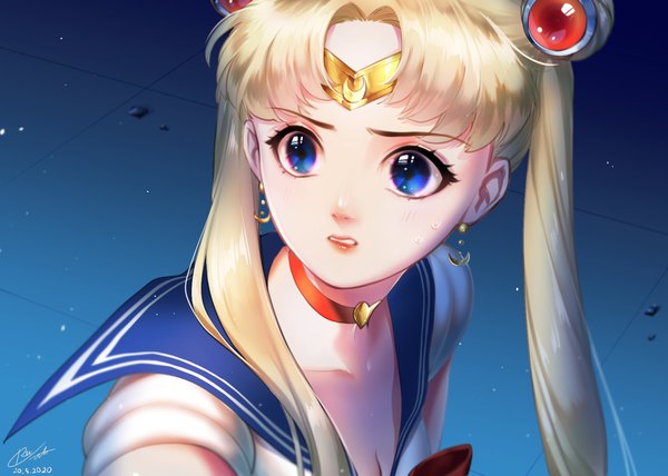 Anime picture 1682x1200 with bishoujo senshi sailor moon toei animation tsukino usagi sailor moon nguyen ree single long hair blue eyes blonde hair twintails signed looking away upper body hair bun (hair buns) lipstick dated sweatdrop red lipstick clenched teeth sailor collar